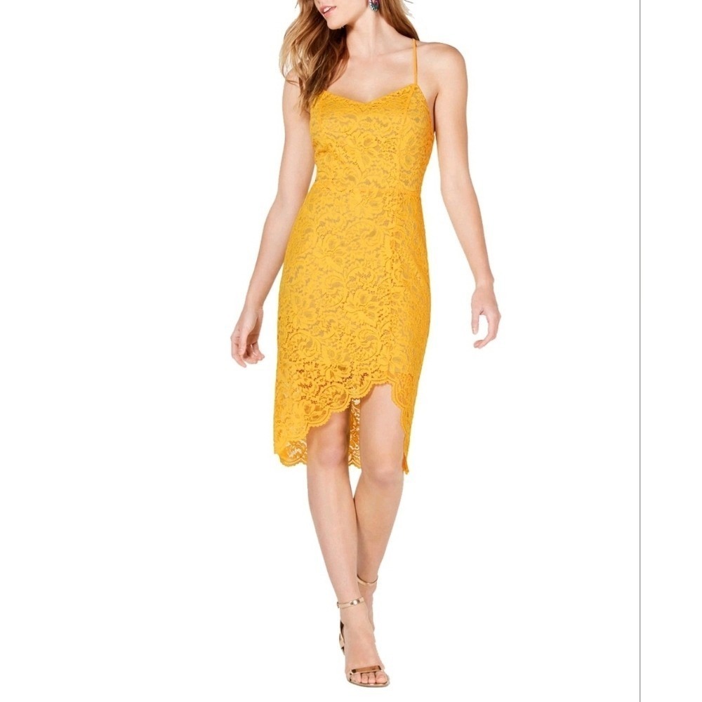 Material Girl Mustard Yellow Floral Lace Corset Back Asymmetrical Dress Medium